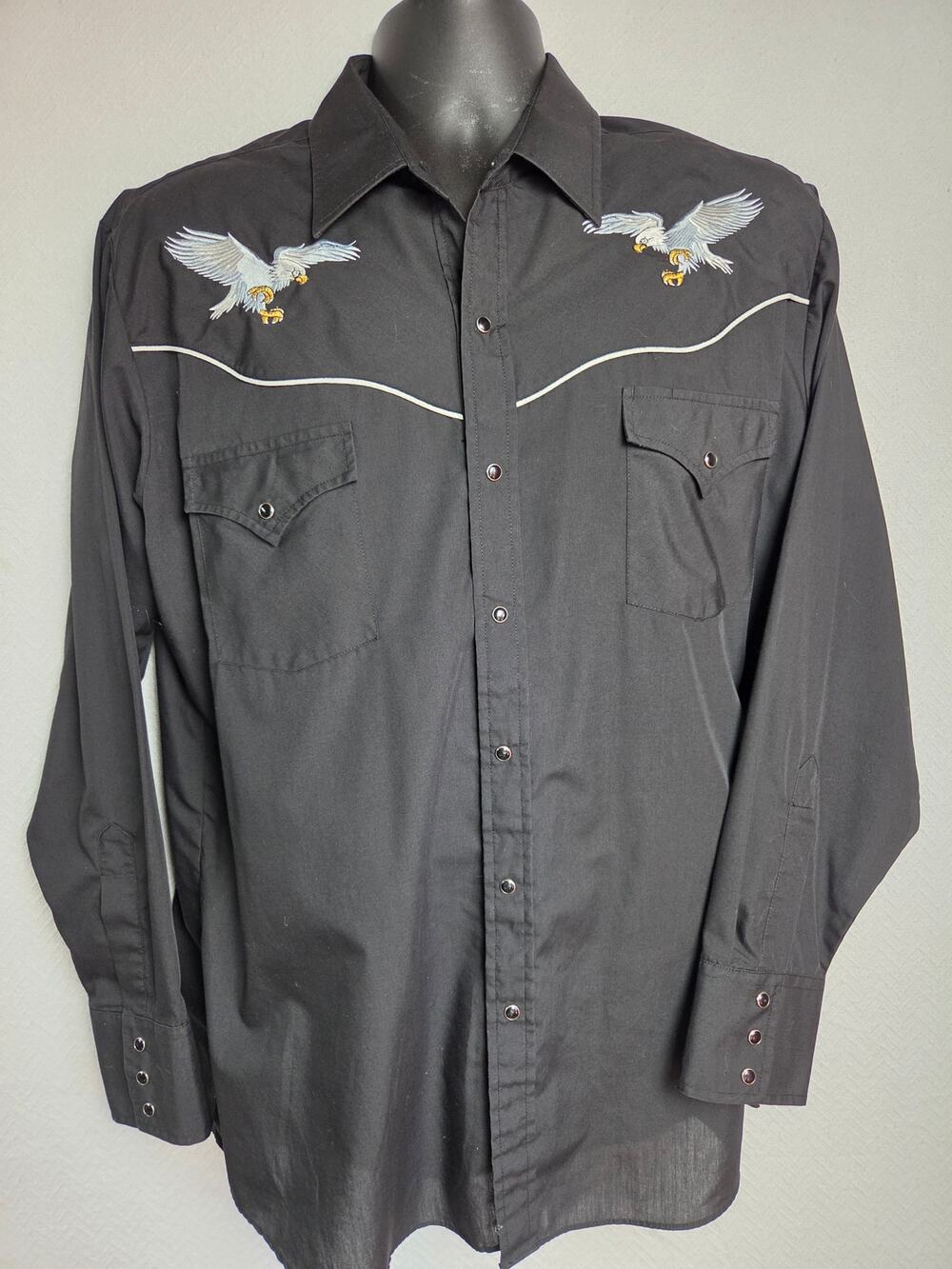 Ely Cattleman Soaring Eagle Shirt Black Men's L Long Sleeve White Snap Buttons